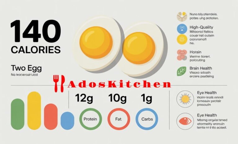 Infographic showing how many calories in two eggs with nutritional values and health benefits